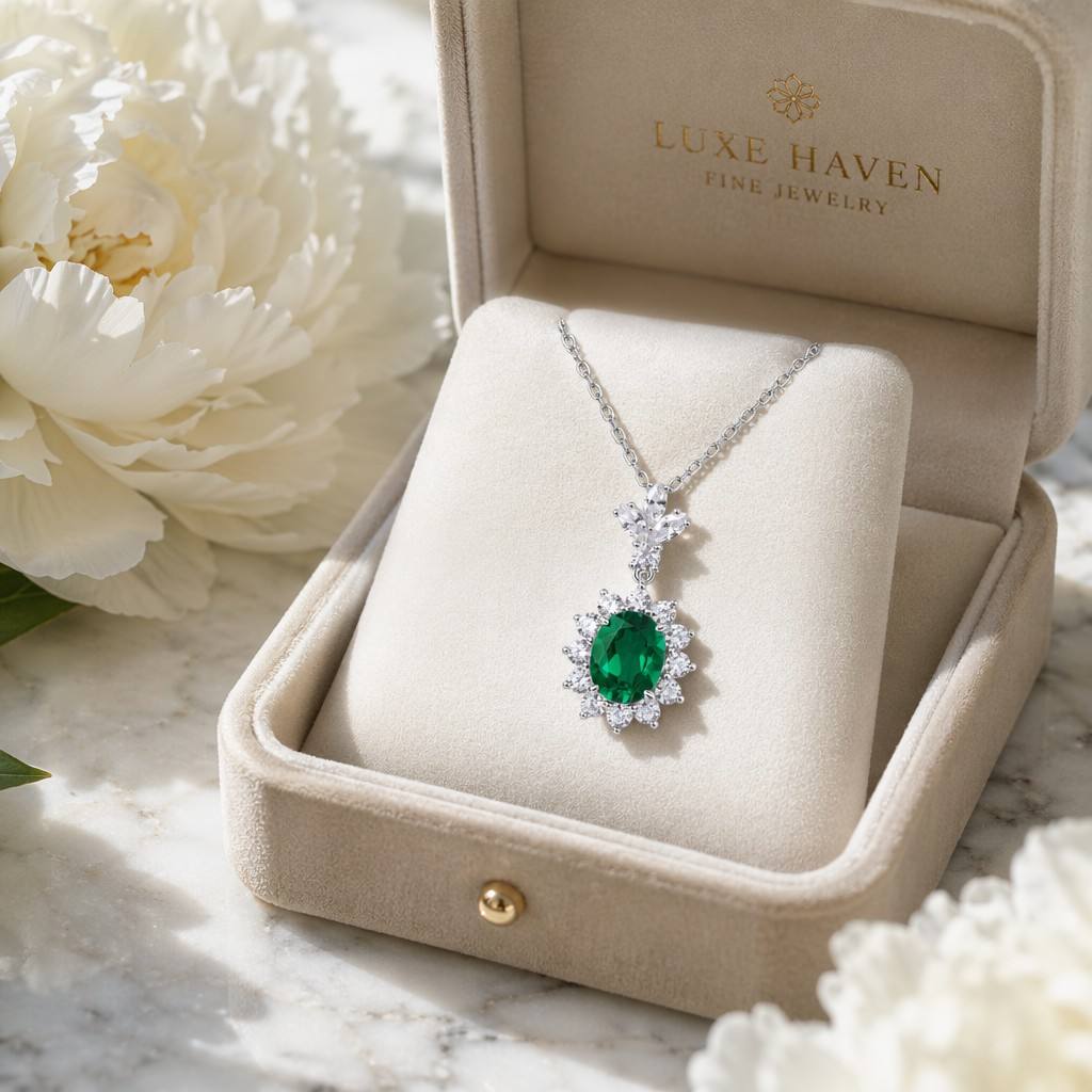 Radiant Lab-Grown Emerald Sunflower Pendant Necklace - 925 Sterling Silver