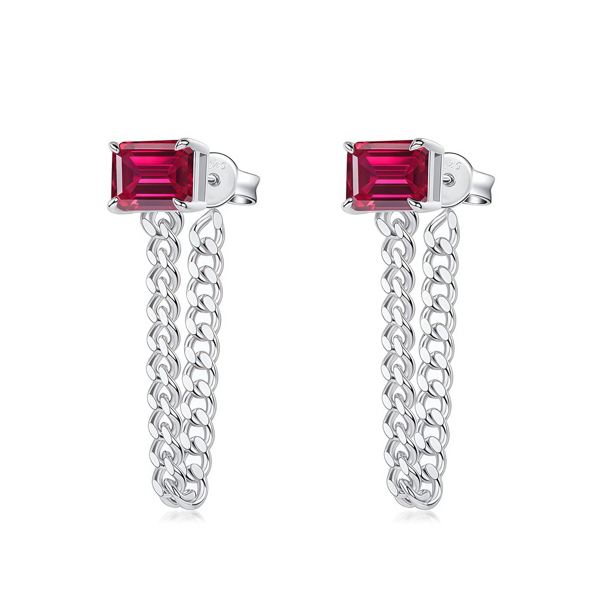 Geometric Emerald-Cut Lab-Grown Emerald Chain Link Earrings - 925 Silver - Dapaza Jewelry