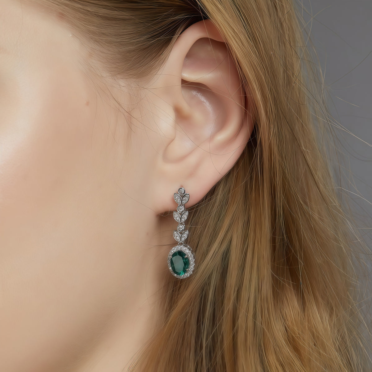 Nature-Inspired Oval 2.15CT Lab-Grown Emerald Leaf Drop Earrings - 925 Silver - Dapaza Jewelry
