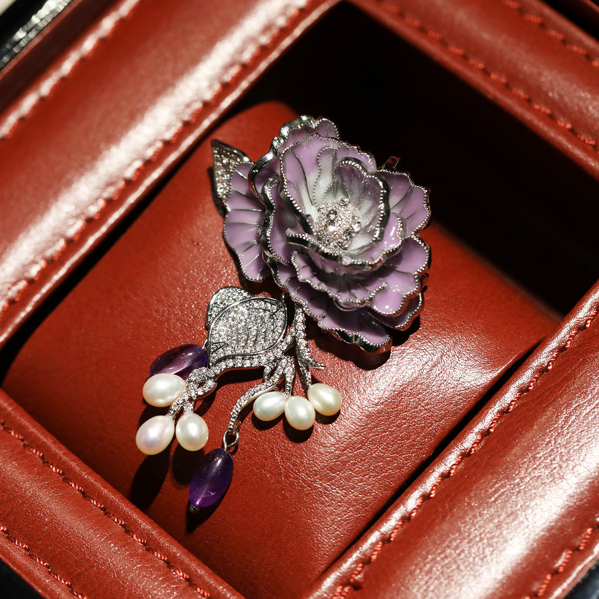 Purple Rose Brooch - Natural Pearl & Amethyst Corsage Accessory