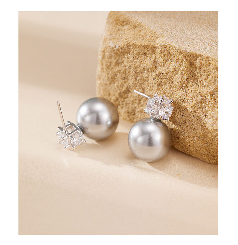 S925 Sterling Silver Ash Gray Shell Pearl Stud Earrings - Unique Design, Subtle Luxury, and Edgy Style for Women