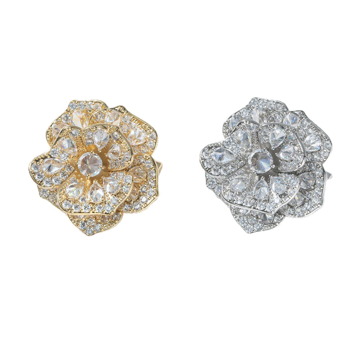Gold and White Peony Brooch with Diamonds