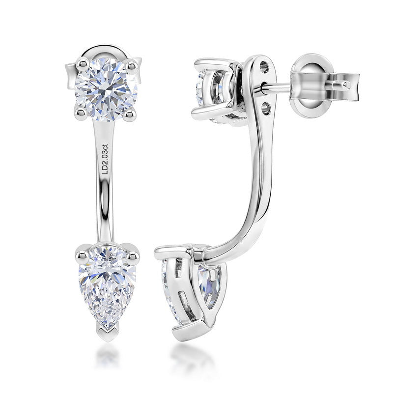 Chic 2.0CTW HPHT Pear & Round Lab Grown Diamond Ear Jacket Earrings | S925 Sterling Silver Floating Drop Studs - Dapaza
