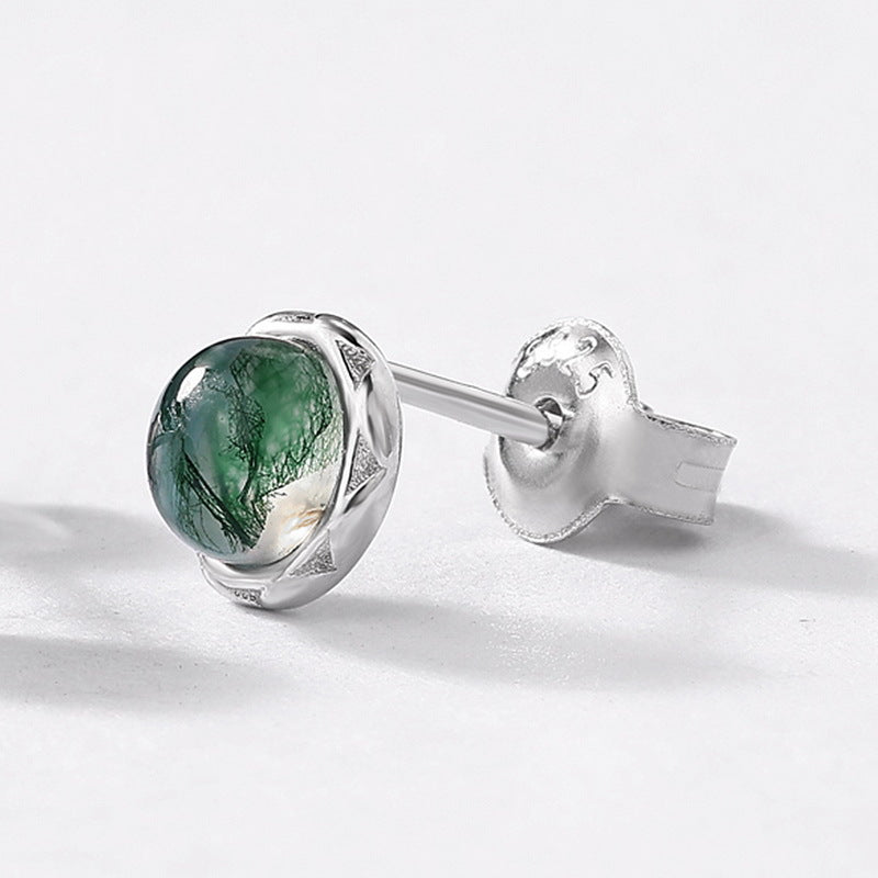 Minimalist Moss Agate Stud Earrings | 9K Gold-Plated S925 Silver