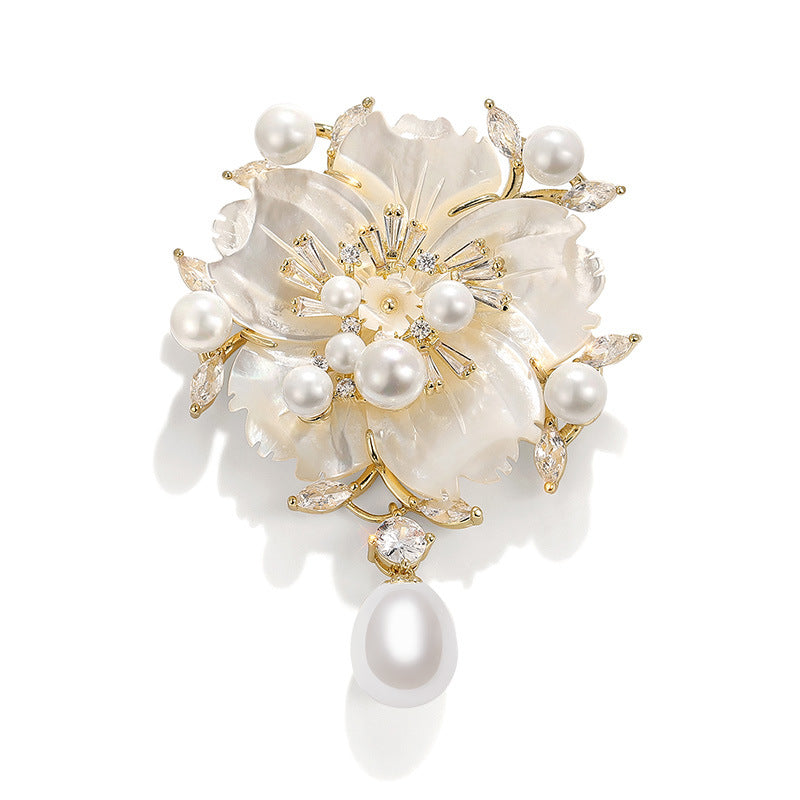 Mother Shell Brooch Pearl Camellia Zircon Corsage