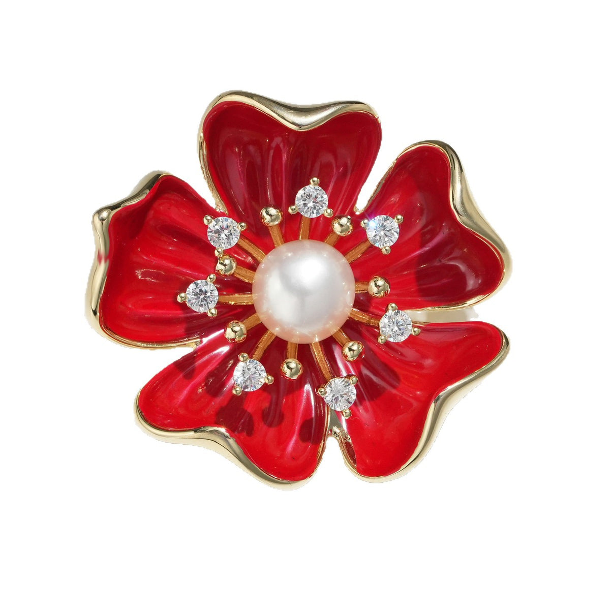 Red Five-Leaf Freshwater Pearl Flower Brooch