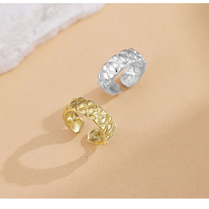 Classic S925 Sterling Silver Diamond Pattern Ring - Heavily Crafted, Exquisite, and Adjustable Open Ring