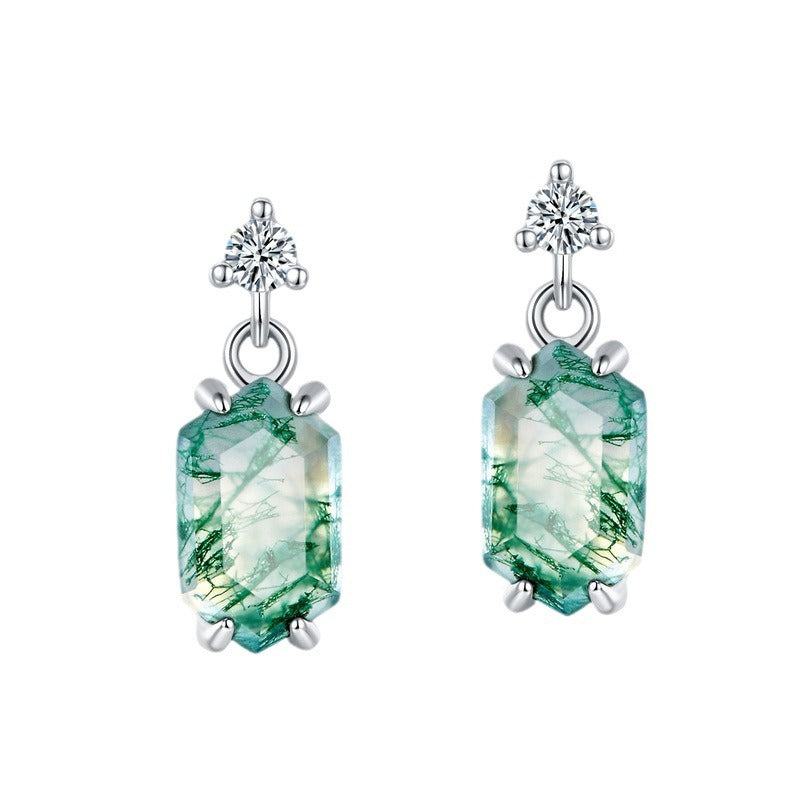 Geometric Hexagon Natural Moss Agate Drop Earrings - S925 Sterling Silver