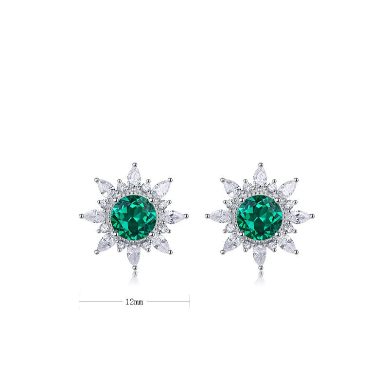 Lab-Grown Emerald Sunflower Stud Earrings - S925 Sterling Silver Halo Design