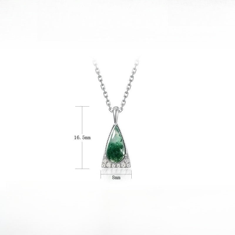 Natural Teardrop Moss Agate Necklace | Geometric Triangle Halo | S925