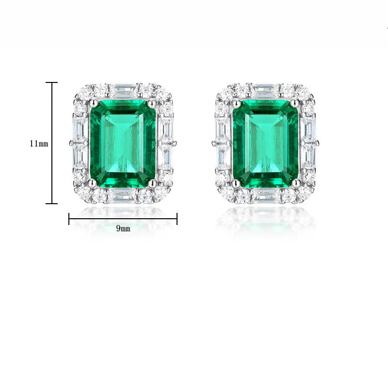 Lab-Grown Emerald Baguette Halo Stud Earrings - S925 Sterling Silver