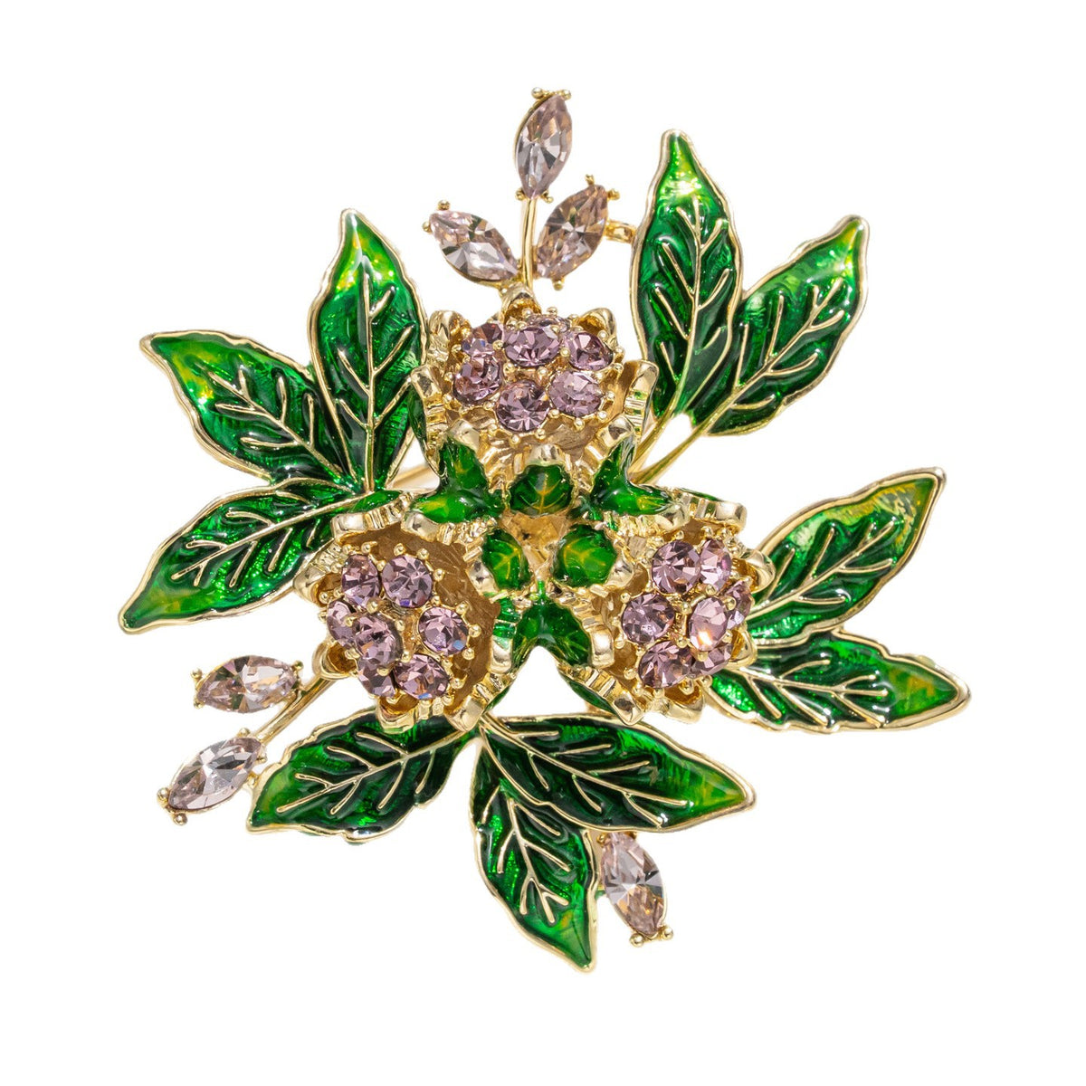 Enamel Gardenia Flower Brooch β Amethyst & Zircon Copper Floral Pin
