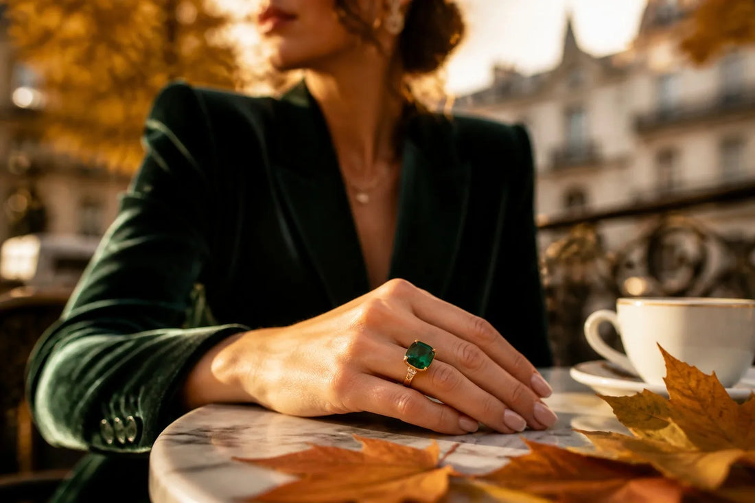 Woman in deep green velvet blazer wearing a lab-grown emerald ring