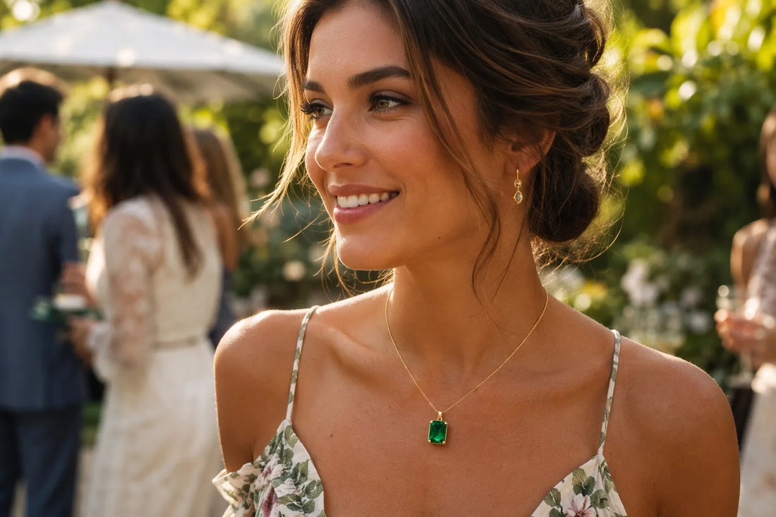 Elegant woman wearing a lab-grown emerald pendant