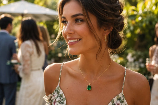 Elegant woman wearing a lab-grown emerald pendant