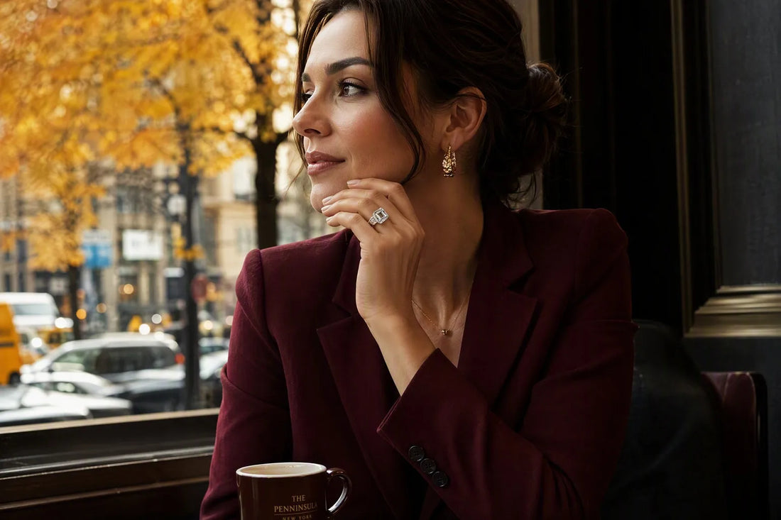 Vintage-inspired emerald-cut lab-grown diamond ring in an autumn setting