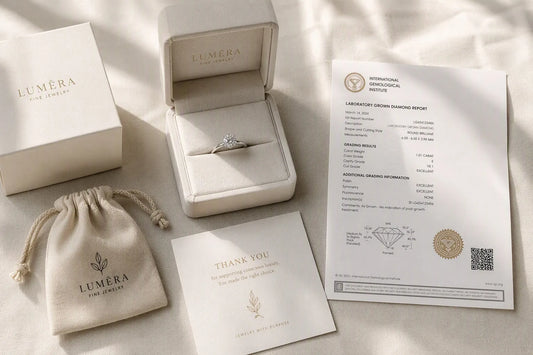 Aesthetic luxury unboxing of lab-grown diamond jewelry
