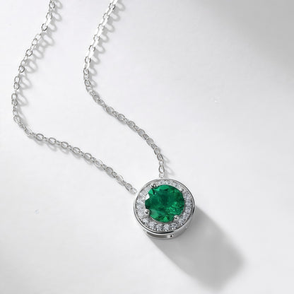 Premium Geometric Radiance: Full-Pavé Circular Lab-Grown Emerald Necklace | 925 Silver