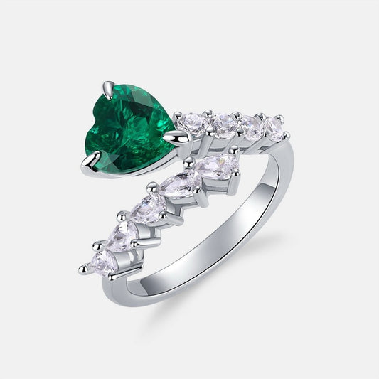 Lab-grown Emerald Heart Ring, S925 Sterling Silver, Open Band