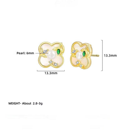 INS Hot-selling 925 Sterling Silver Lucky Grass Pearl Stud Earrings Women's Niche Design High-end Light Luxury Earrings