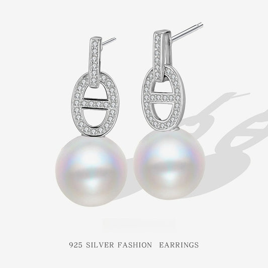 925 Sterling Silver Australian White High-luster Shell Pearl Pig Nose Stud Earrings - Unique and Trendy Design for Women