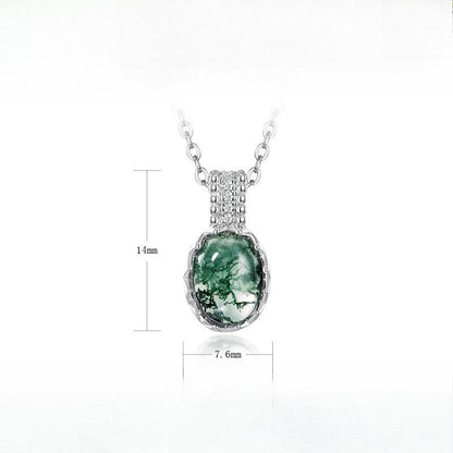 Natural Oval Moss Agate Cabochon Necklace - S925 Sterling Silver