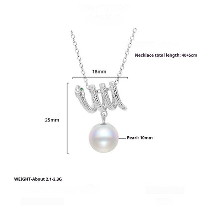 Snake Design Necklace 925 Sterling Silver Niche Design Trend Green Eye Zodiac Australian White Pearl Collarbone Chain
