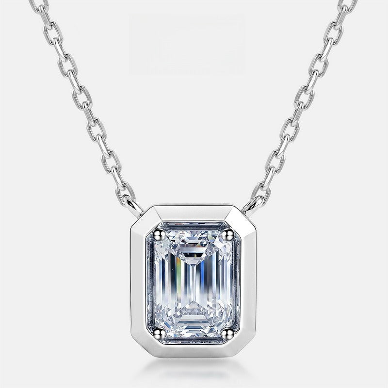Vintage 1.18CT Emerald Cut CVD Lab Grown Diamond Bezel Pendant Necklace | S925 Sterling Silver Octagon Solicle Chain - Dapaza