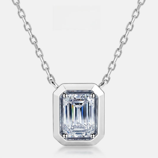 Vintage 1.18CT Emerald Cut CVD Lab Grown Diamond Bezel Pendant Necklace | S925 Sterling Silver Octagon Solicle Chain - Dapaza