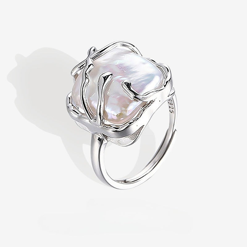 Dapaza S925 Sterling Silver Baroque Square Pearl Ring