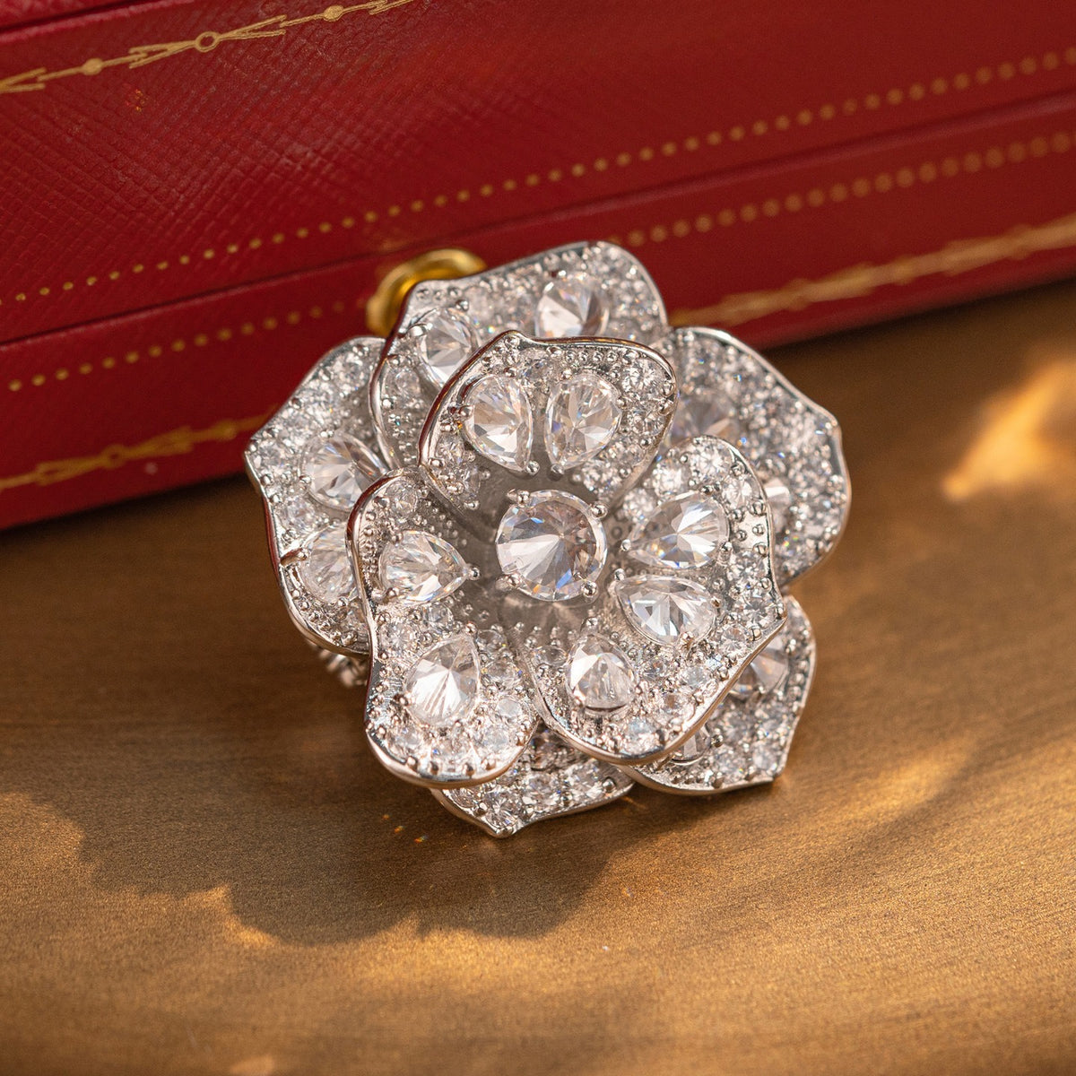 Gold and White Peony Brooch with Diamonds