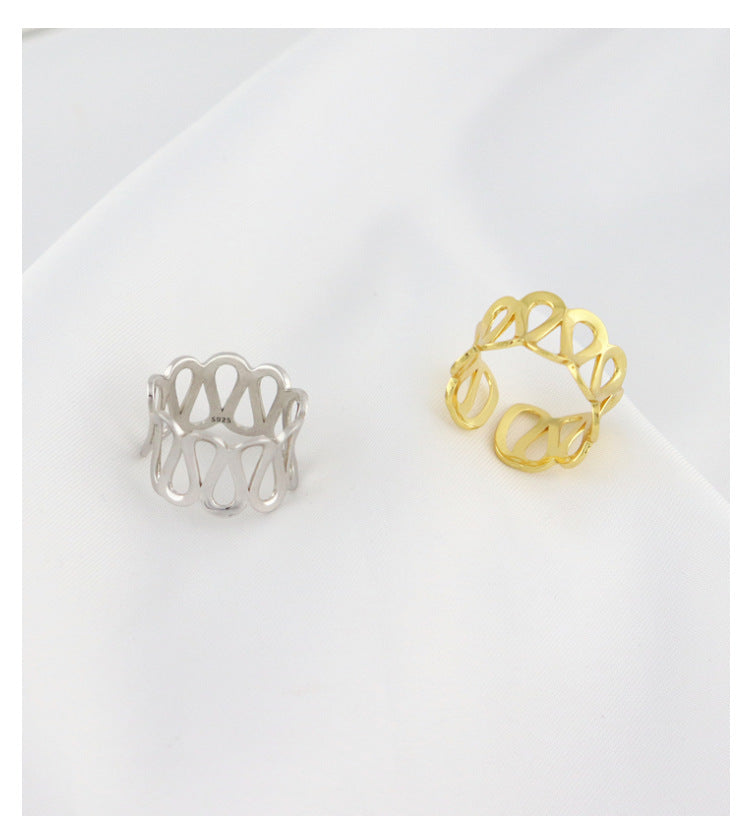 925 Sterling Silver Ring for Women - Minimalist Wide Band with Openwork Water Ripple Design
