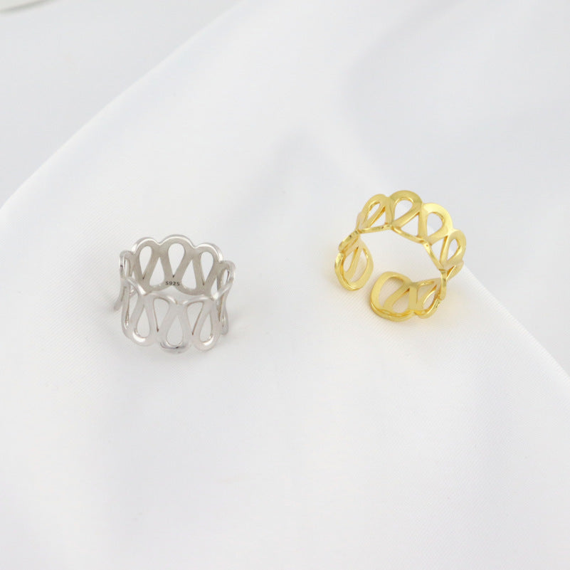 925 Sterling Silver Ring for Women - Minimalist Wide Band with Openwork Water Ripple Design