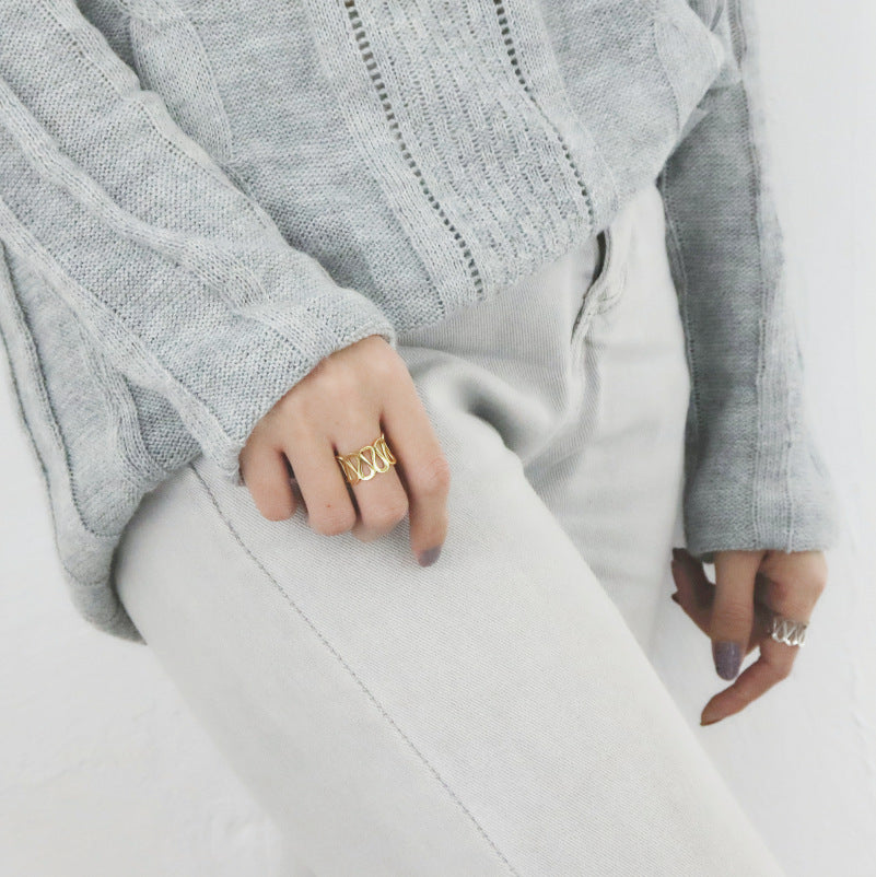 925 Sterling Silver Ring for Women - Minimalist Wide Band with Openwork Water Ripple Design