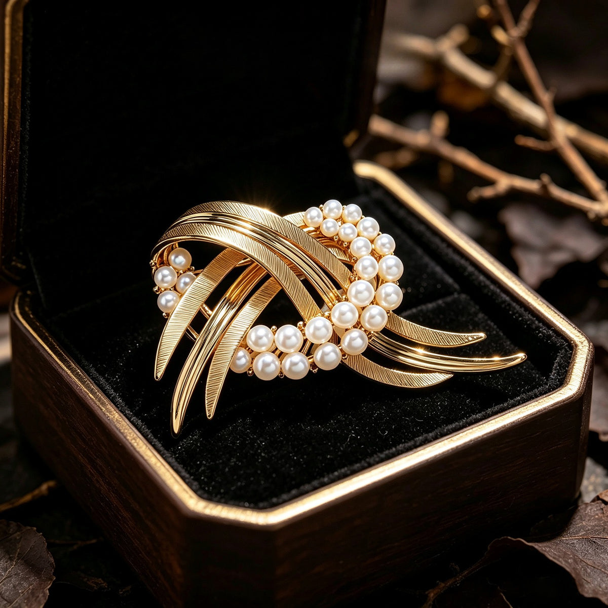 Matte Gold Ribbon Freshwater Pearl Brooch