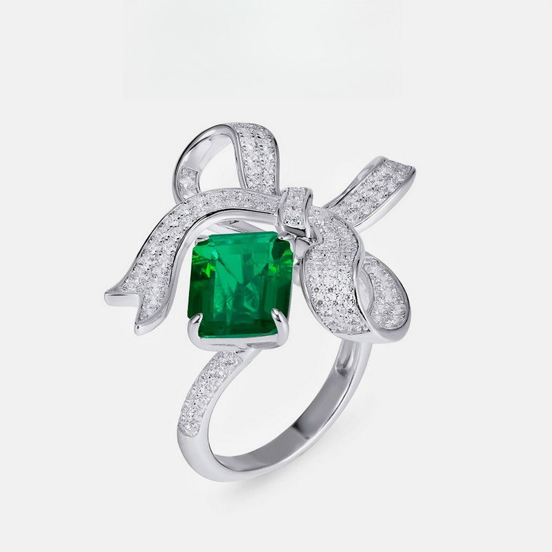 Bow-Knot Lab-Grown Emerald Ring - S925 Sterling Silver
