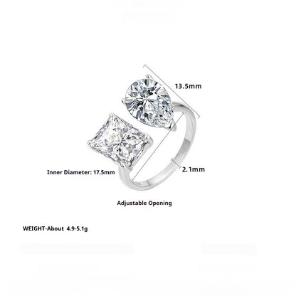 S925 Sterling Silver Ring Water Drop Large Sugar Cube Geometric Design Niche Personality Trend Opening Adjustable Ring