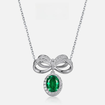 S925 Sterling Silver Lab-grown Emerald Necklace - Vintage Bow Clavicle Chain