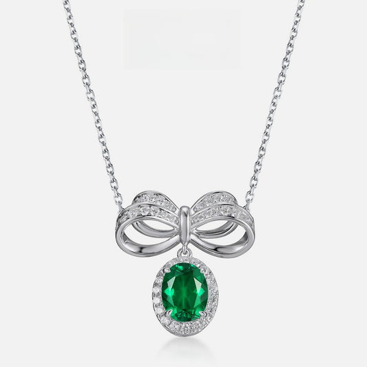 S925 Sterling Silver Lab-grown Emerald Necklace - Vintage Bow Clavicle Chain