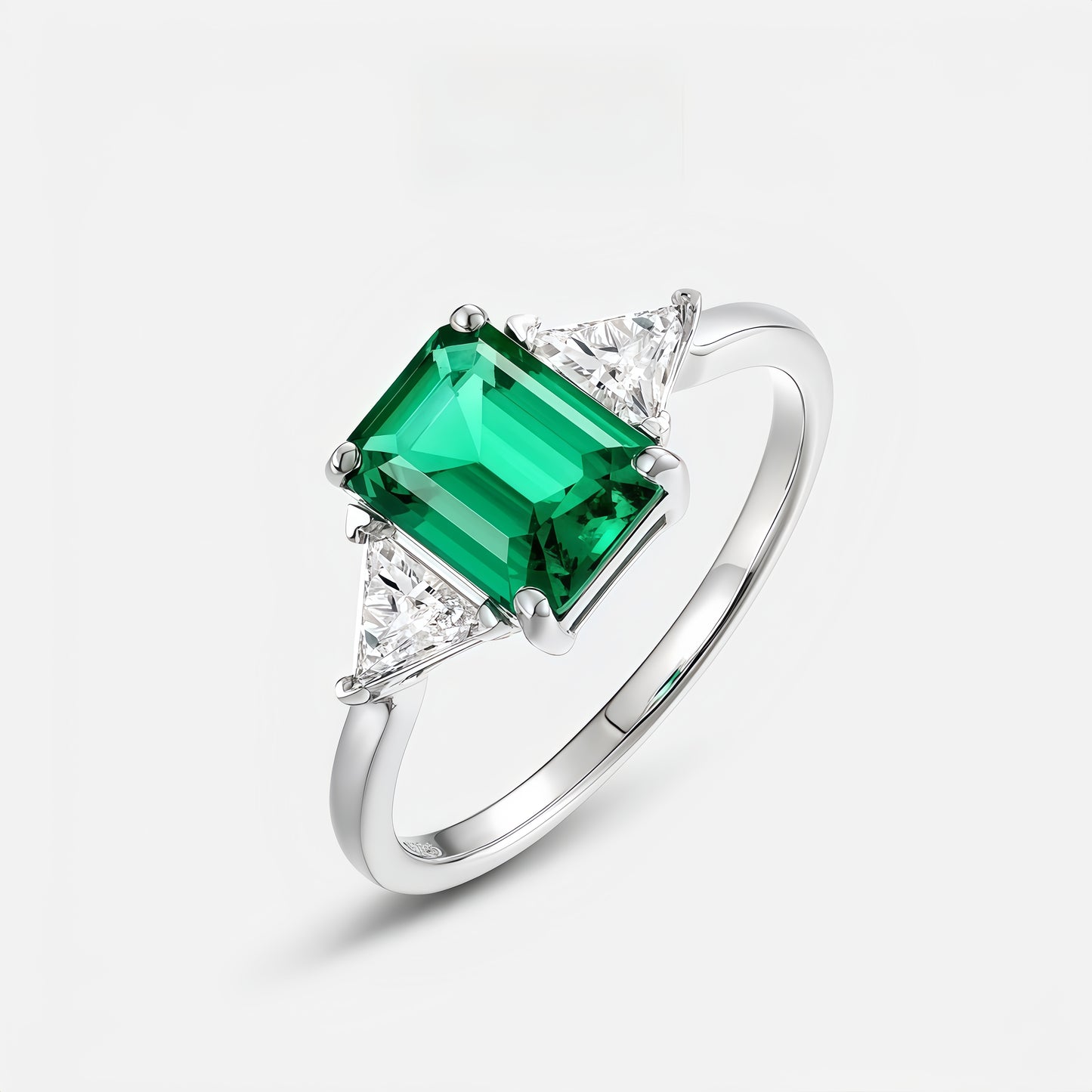 Emerald Cut Lab-Grown Emerald Ring with Trillion Accents - S925 Sterling Silver