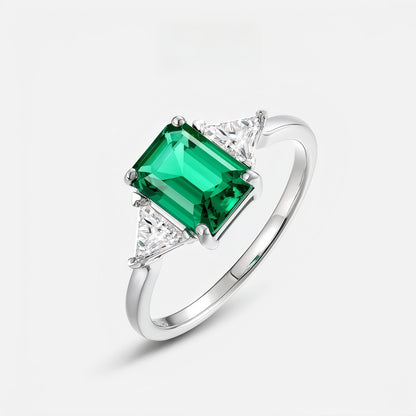 Emerald Cut Lab-Grown Emerald Ring with Trillion Accents - S925 Sterling Silver