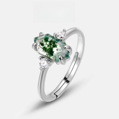 Vintage Hexagon Moss Agate 3-Stone Cluster Ring | S925 Silver