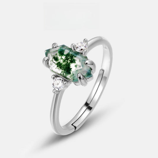 S925 Silver Green Moss Women's Ring Water Plant Agate Finger Ring