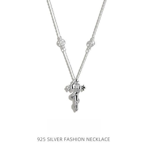 S925 Sterling Silver Necklace Stacked Personalized Iris Snake Scepter Cross Clavicle Chain