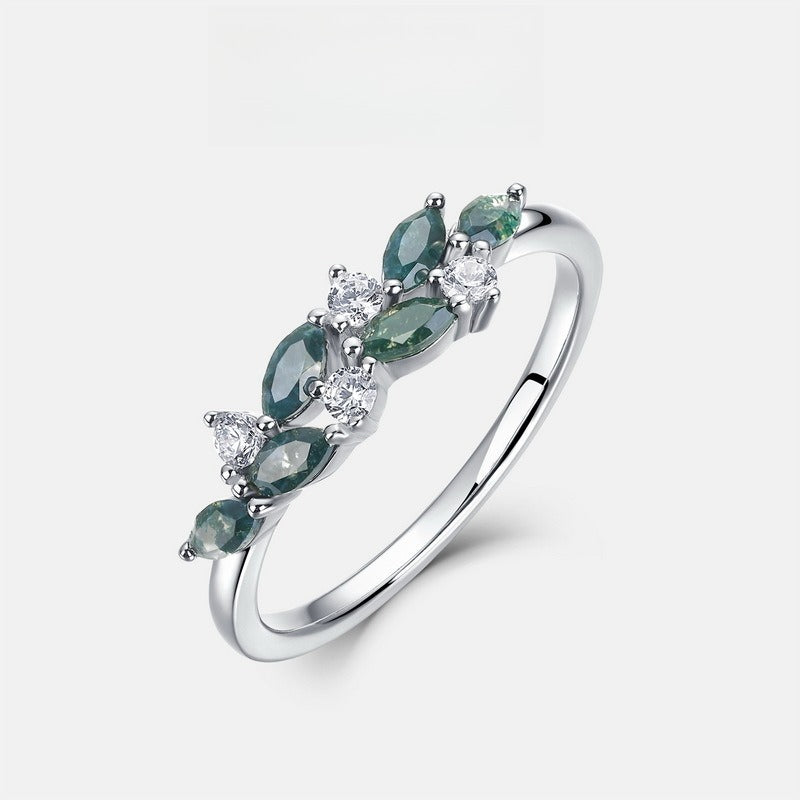 Natural Moss Agate Leaf Vine Ring - S925 Sterling Silver
