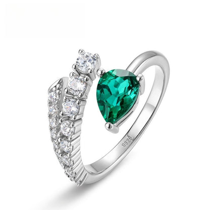 Fluid Elegance: Teardrop Lab-Grown Emerald Open Ring | 925 Silver | Dapaza
