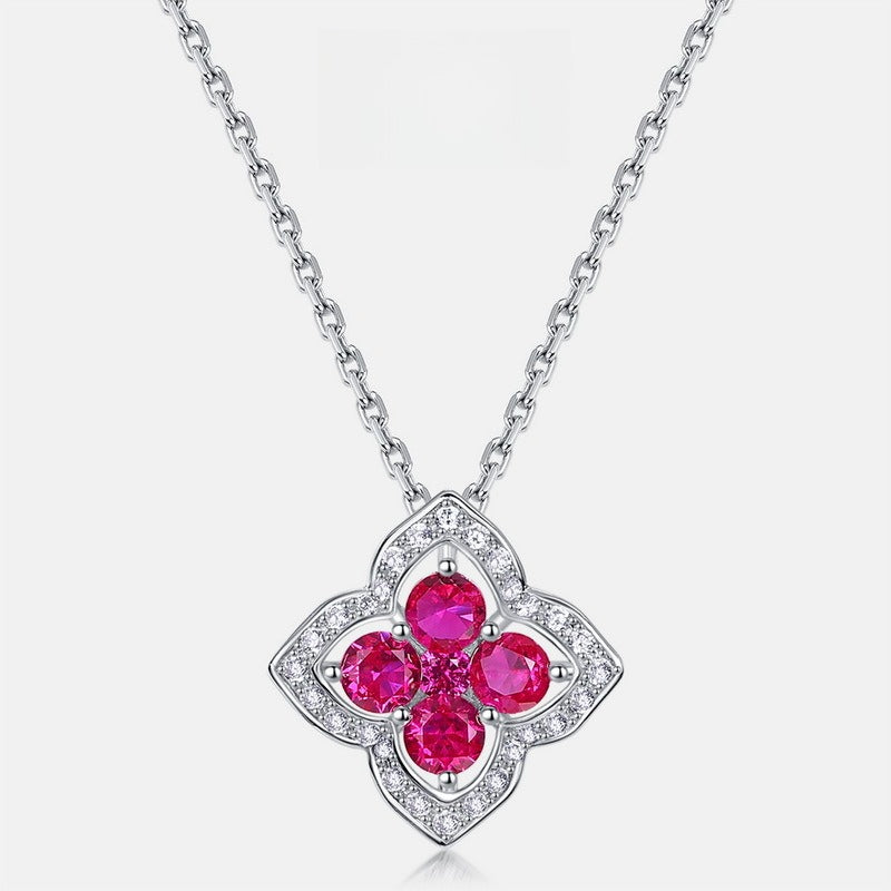 Four-Leaf Clover Lab-Grown Emerald & Ruby Necklace - S925 Sterling Silver