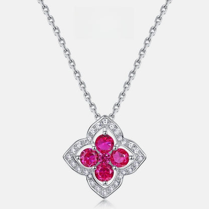 Four-Leaf Clover Lab-Grown Emerald & Ruby Necklace - S925 Sterling Silver