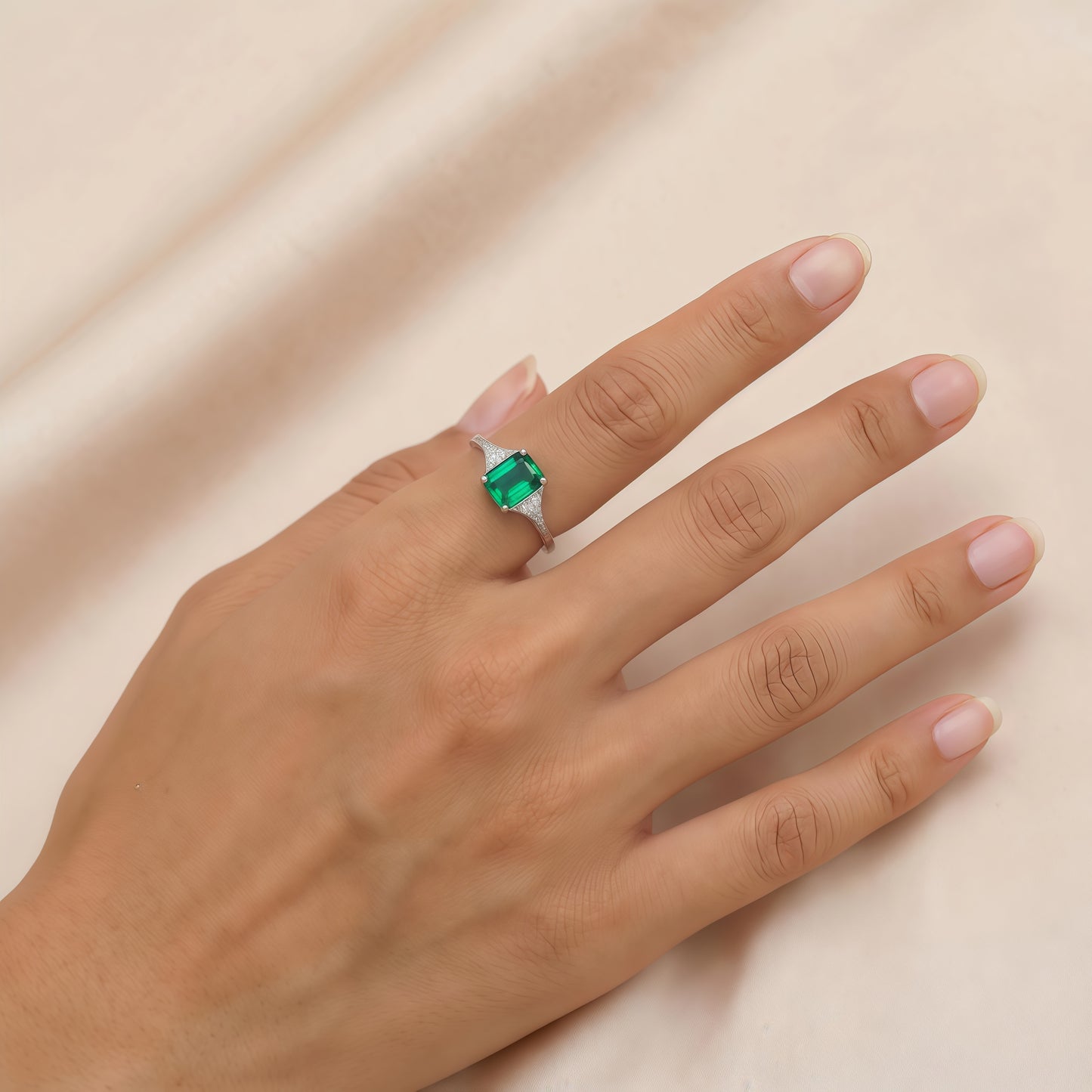 Emerald Cut Lab-Grown Emerald Ring with Trillion Accents - S925 Sterling Silver