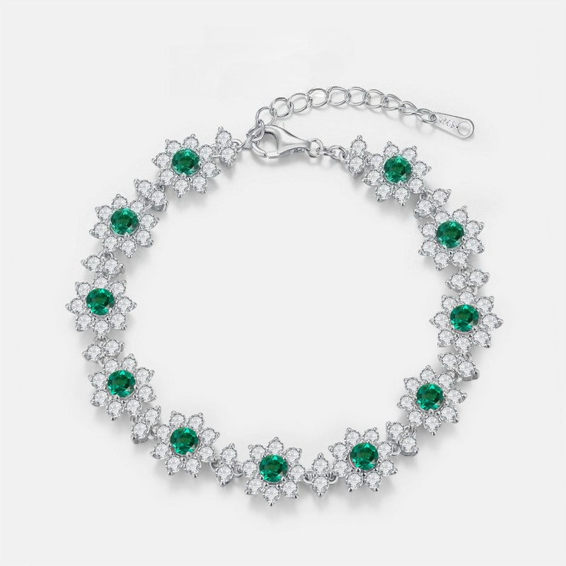 Lab-Grown Emerald Sunflower Bracelet - S925 Sterling Silver Floral Jewelry